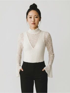 Intermix Ivory Lace High-Neck Bodysuit Top long bell sleeves. Romantic Regency M